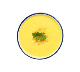 Delicious creamy corn soup isolated on white, top view