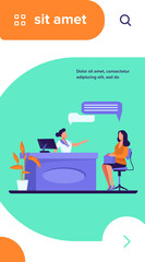Customer and manager talking at reception desk. Clinic, consultation, reservation flat vector illustration. Communication, service concept for banner, website design or landing web page