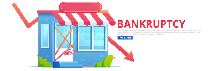 Closed bankruptcy store with falling arrow. Flat vector banner
