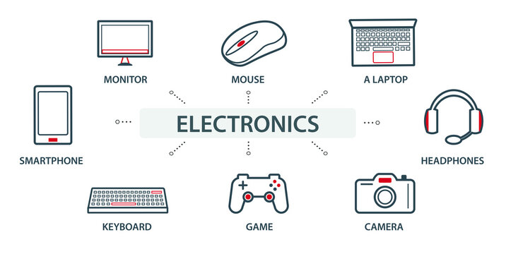 Vector illustration of the group, a set of icons, miniature infographics in the same style, electronics and technology. Computer. Web icons.