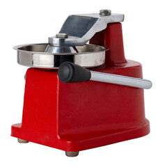 Red metal press for burger patty isolated on white