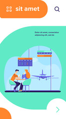 Couple of tourists drinking coffee in airport. Man and woman waiting boarding flat vector illustration. Travel, aviation concept for banner, website design or landing web page