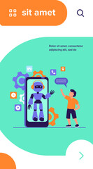 Boy waving hello at humanoid on smartphone screen. Chat bot, virtual assistant, mobile phone flat vector illustration. Technology, childhood concept for banner, website design or landing web page