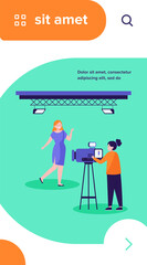 Camerawoman working with model in studio. Filming video, blue backdrop flat vector illustration. Videographer, operator job, shooting concept for banner, website design or landing web page