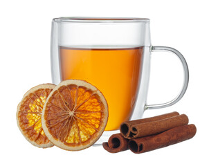 Glass cup of tea and cinnamon sticks isolated on white