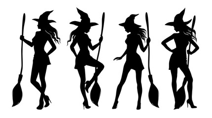 Silhouette of sexy woman wearing witches hat and holding a broom. Pretty girl with besom dressed as a witch for Halloween party. Set of vector illustrations. - 383357097