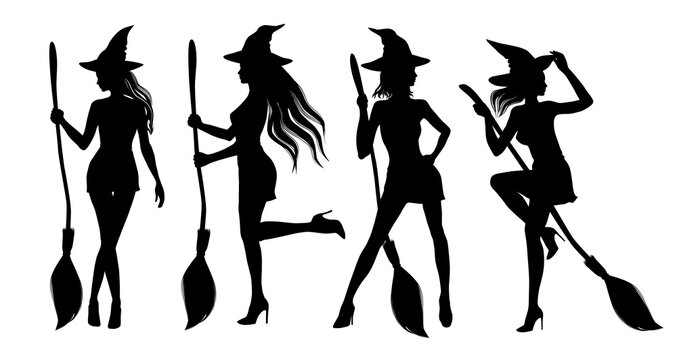 Silhouette of sexy woman wearing witches hat and holding a broom. Pretty girl with besom dressed as a witch for Halloween party. Set of vector illustrations.