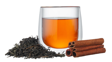 Glass cup of tea and cinnamon sticks isolated on white