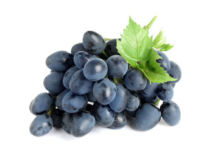 Bunch of dark blue grapes with green leaves isolated on white