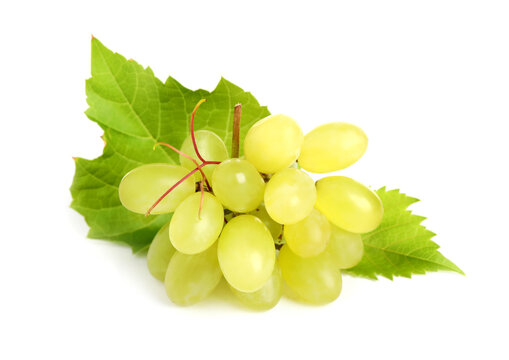 Bunch of green grapes with fresh leaves isolated on white