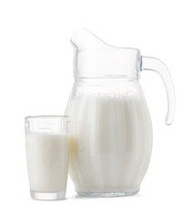 Glass jar and cup of fresh milk isolated