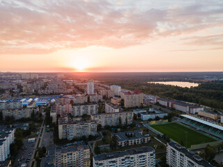 Aerial view of a densely populated sleeping area of ​​the Kiev metropolis