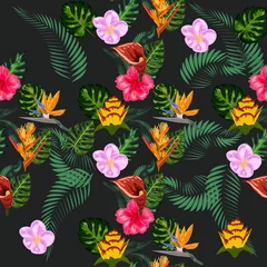 Outdoor kussens Naadloos tropisch patroon met palm, monsterabladeren en vele bloemen van hibiscus, sterlitz, tropical © MichiruKayo