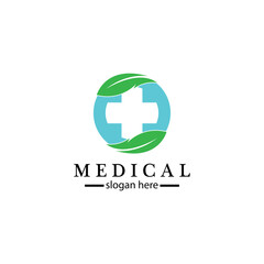 Medical cross and herbal leaf. medicine pharmacy logo. medical health symbol. herbal health care logo. nature logo.