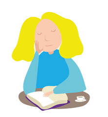 Woman reading at a table with coffee