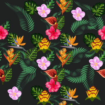 Seamless tropical pattern with palm, monstera leaves and many flowers of hibiscus, sterlitz, tropical