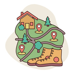 Map with points of interest and paths. Local tourism staycation concept. A pair of hiking boots. Vector flat illustration for travel agencies. Halt lodge final goal or start Hike planning symbol