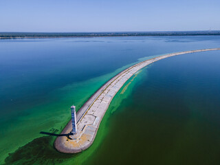 Aerial view of the lighthouse surrounded by algal bloom