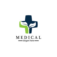 Medical cross and herbal leaf. medicine pharmacy logo. medical health symbol. herbal health care logo. nature logo.