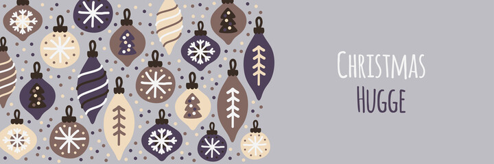 Cute Christmas Hugge banner background with hand drawn Christmas balls