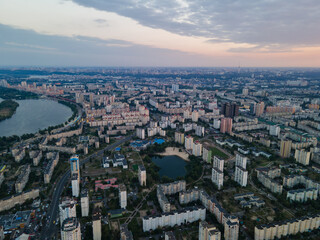 Aerial view of a densely populated sleeping area of ​​the Kiev metropolis