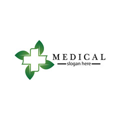 Medical cross and herbal leaf. medicine pharmacy logo. medical health symbol. herbal health care logo. nature logo.