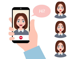 hand holding a smartphone with a video call from a girl. vector