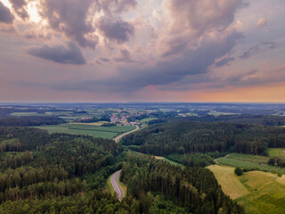 Naklejka premium Top view to forest landscape with thunder storm sky 