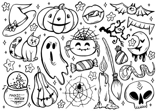 Halloween coloring page with spooky objects, hand drawn cute Halloween coloring sheet