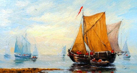 Fishing boats. Oil painting sea landscape. Fine art.