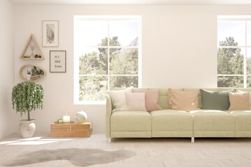 White living room with sofa and summer landscape in window. Scandinavian interior design. 3D illustration