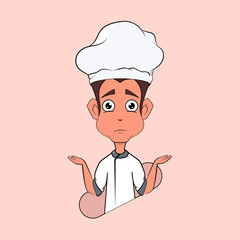 vector illustration of male chef confused to make new menu. hands raised and a questioning face.