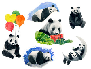 Watercolor set of pandas, with watermelon, balloons, clipart, illustration for the nursery, white background