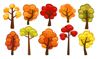 Various cartoon autumn trees collection. Isolated objects on a white background. 