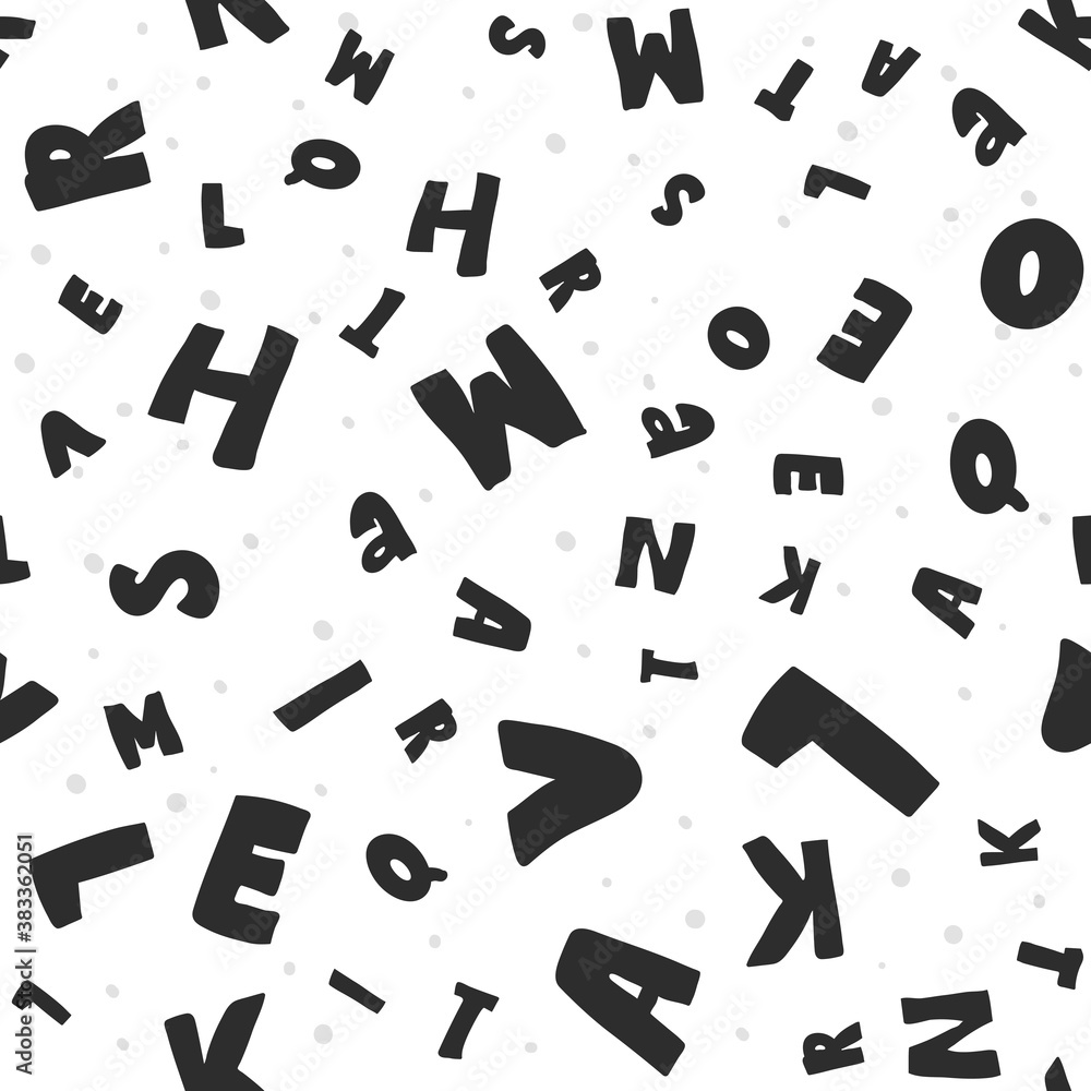 Poster Vector illustration of seamless pattern with letters. Abstract alphabet background. monochrome typography pattern. Hand drawn vector backdrop. black letters on White background.