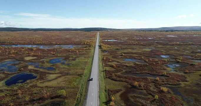 Road with cars leading through swamps and forest. Landscape on a sunny day in autumn, vibrant colors and beautiful blue sky. Atumn highway in Lapland. 4K footage. 