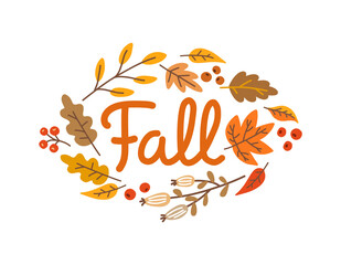 Fototapeta na wymiar Fall hand drawn lettering vector. Autumn season. Autumn phrase with cute design elements - leaves and berries. The illustration is isolated on a white backgroun