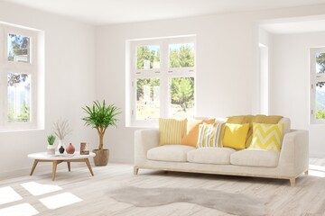 White living room with sofa and summer landscape in window. Scandinavian interior design. 3D illustration