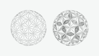 Hand-drawn two spheres for carving, one outline the other with a shadow in 3d