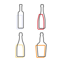 Simple line shape of vodka red wine champagne and whiskey bottle. One contour figure of bottle, the second drink. Outline symbol beverage black color. Sign liquid colored. Isolated flat illustration