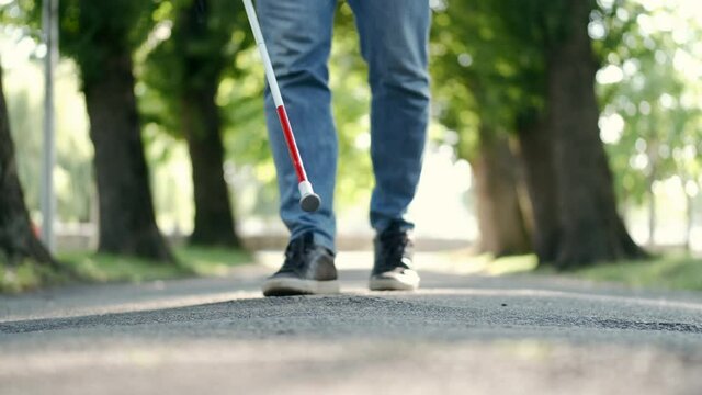 Blind man walking in park, using long cane to scan way for obstacle, orientation. Handicapped person and everyday life.