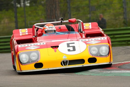 Imola, IT, May, 2017: Historic Alfa Romeo 33 TT 3 in action during Minardi Historic Day 2017 into the Imola Circuit in italy.