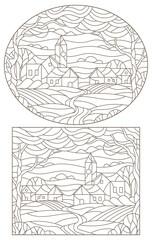 Set of contour illustrations of stained glass Windows with rural landscapes, dark outlines on a white background
