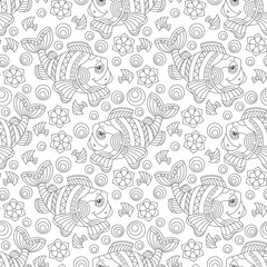 Seamless pattern with cartoon fun fishes and flowers, dark contour animals on a white background