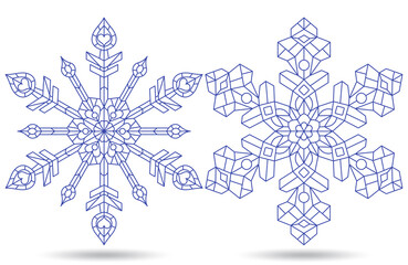 Set of contour illustrations in the stained glass style with snowflakes, dark contours isolated on a white background