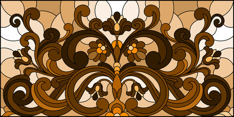 Illustration in stained glass style with abstract flowers, swirls and leaves  on a light background,horizontal orientation, sepia