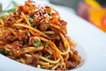 Traditional Italian pasta spaghetti with carbanara meat.