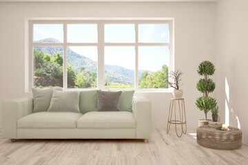 White living room with sofa and summer landscape in window. Scandinavian interior design. 3D illustration