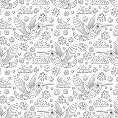 Seamless pattern with Hummingbird birds, clouds and flowers, contour birds on a white background