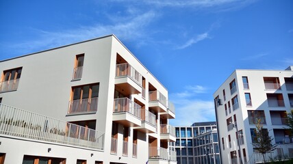 Estate property and condo architecture. Fragment of modern residential flat with apartment building exterior. Detail of new luxury home complex. 